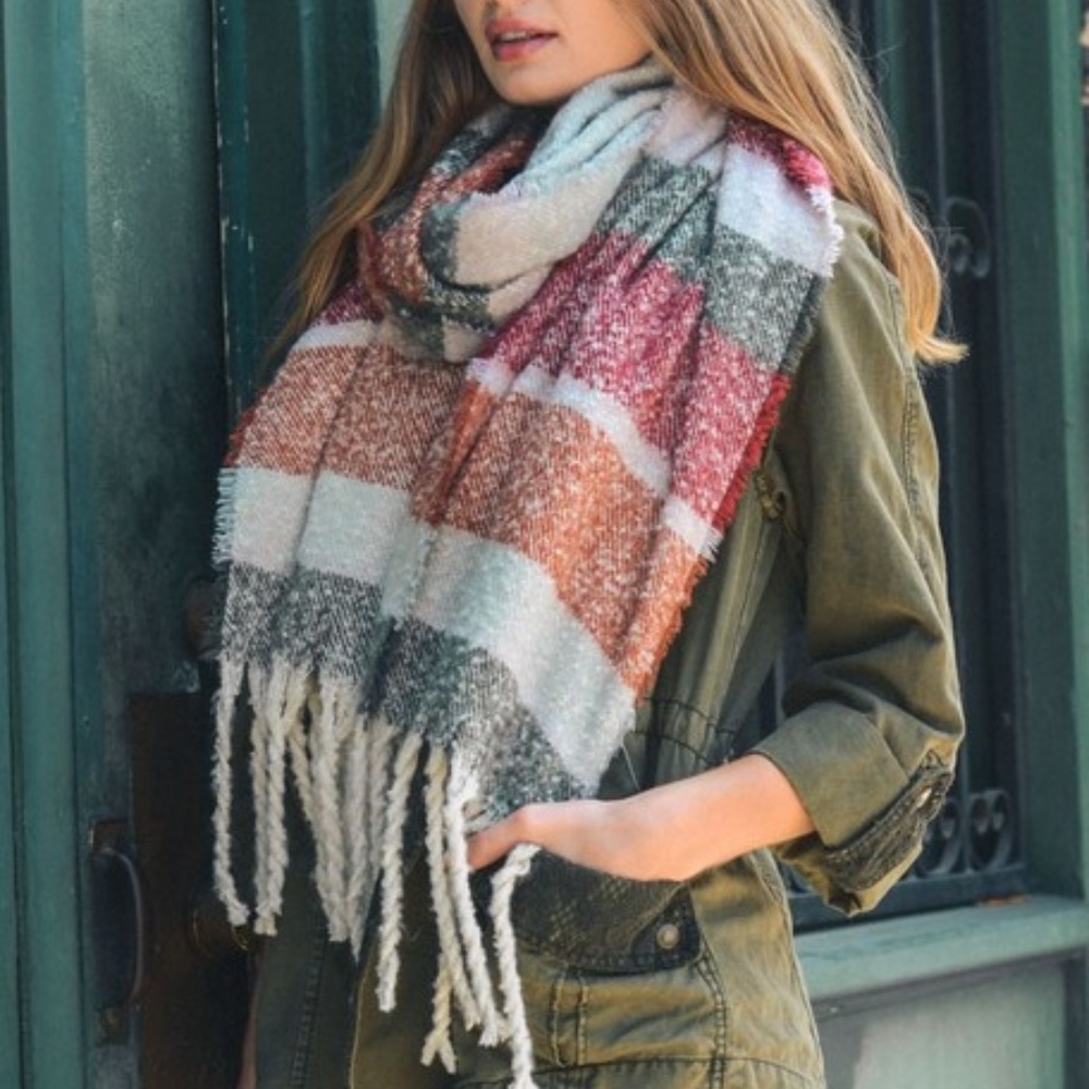 NWT Olive Ultra Soft Striped Tassel Scarf - Picture 2 of 4